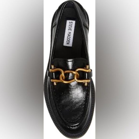 STEVE MADDEN Karmine Black Leather Loafer Gold Chain Buckle‎ Size 5 6.5 New - Picture 6 of 13